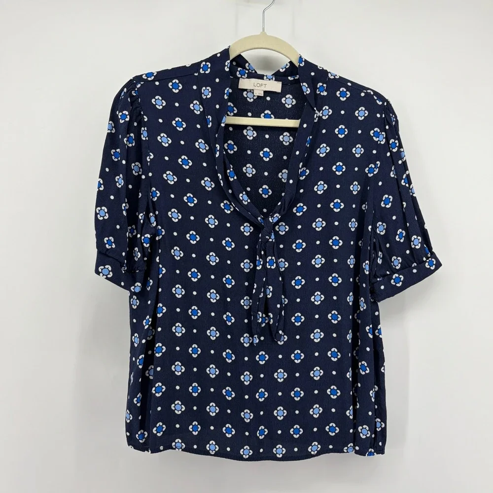 LOFT Womens Medium Navy Blue Floral Medallion Tie Neck Puff Short Sleeve Blouse